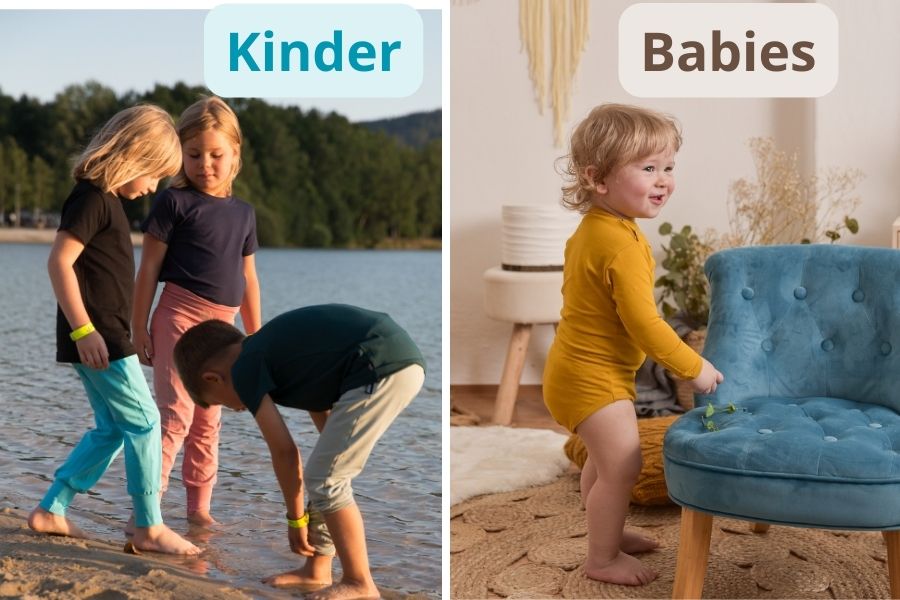 Zwei Fotos, eines zeigt eine Gruppe spielender Kinder am Strand, das andere zeigt ein lächelndes Baby, das neben einem Polsterstuhl steht
